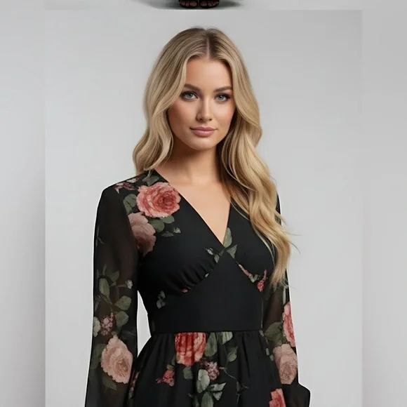 French Floral Rose Print Dress - Picture 6 of 12